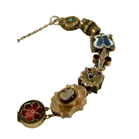 Vintage Victorian Slide Charm Gold Filled Bracelet with Mother of Pearl Fob - Picture 5 of 9